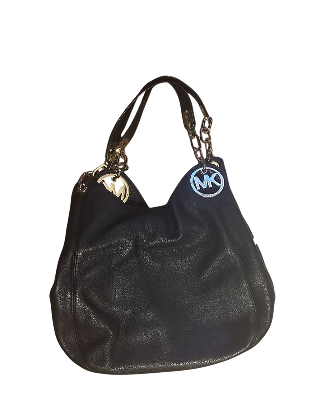 Michael Kors Fulton Black Pebbled Leather Shoulder Bag with Gold Hardware